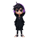 generate skinny guy with dishevelet darkhair black eyes with black knee-length cardigan with hood on head. he looks unamused has pastel very intense violet headphones
