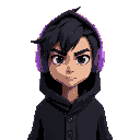 generate skinny guy with dishevelet darkhair black eyes with black knee-length cardigan with hood on head. he looks unamused has pastel very intense violet headphones