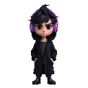 generate skinny guy with dishevelet darkhair black eyes with black knee-length cardigan with hood on head. he looks unamused has pastel very intense violet headphones