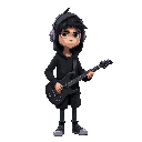 generate skinny guy with dishevelet darkhair with black knee-length cardigan with hood on head. he looks unamused has violet headphones and black guitar