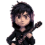 generate skinny guy with dishevelet darkhair with black knee-length cardigan with hood on head. he looks unamused has pastel very intense violet headphones and black guitar
