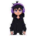 generate skinny guy with dishevelet darkhair with black knee-length cardigan with hood on head. he looks unamused has pastel very intense violet headphones