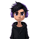 generate skinny guy with dishevelet darkhair black eyes with black knee-length cardigan with hood on his head. he looks unamused has pastel very intense violet headphones