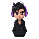 generate skinny guy with dishevelet darkhair black eyes with black knee-length cardigan with hood on head. he looks unamused has pastel very intense violet headphones