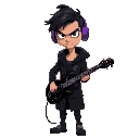 generate skinny guy with dishevelet darkhair with black knee-length cardigan with hood on head. he looks angry, unamused has violet headphones and black guitar
