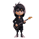 generate skinny guy with dishevelet darkhair with black knee-length cardigan with hood on head. he looks unamused has pastel violet headphones and black guitar