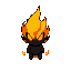 top-down view of a 2d chibi fire elemental. clean cartoon vector style, bold outlines. focus on a stylized yellow-to-red flame head with glowing orange oval eyes tilted up. a black, rounded shape for the upper body is visible below the head, with small fl