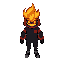 2d chibi fire elemental clean cartoon vector style  bold outlines head is a stylized yellow-to-red flame with glowing orange oval eyes. wears black zip-up jacket over red hoodie, red patch on chest. flames on cuffs, black gloves, dark legs