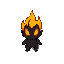 top-down view of a 2d chibi fire elemental. clean cartoon vector style, bold outlines. focus on a stylized yellow-to-red flame head with glowing orange oval eyes tilted up. a black, rounded shape for the upper body is visible below the head, with small fl
