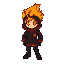 2d chibi fire elemental, front-facing. clean cartoon vector style, bold outlines. head is a stylized yellow-to-red flame with glowing orange oval eyes. wears black zip-up jacket over red hoodie, red patch on chest. flames on cuffs, black gloves, dark legs