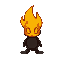  chibi fire elemental. clean cartoon vector style, bold outlines. focus on a stylized yellow-to-red flame head with glowing orange oval eyes tilted up. a black, rounded shape for the upper body is visible below the head, with small flames at the sides