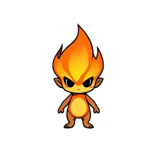 a 2d digital illustration of a chibi fire elemental character. the character is in a full-body, front-facing, neutral standing pose. the art style is a clean cartoon or vector style with bold black outlines and simple shading. the character has a large he