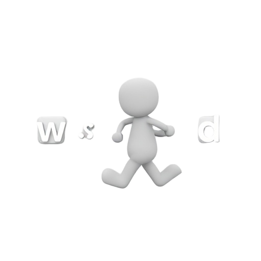 slideshow with simple human like person that is grey and is running, next to that person are " w", "a" , "s" , "d" keys 