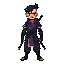 samurai-ninja mix, man, black hair, undercut, beard, purple, black, gold, two katanas