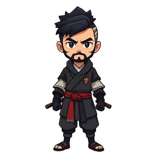 samurai-ninja mix, man, undercut, beard, black hair, two wakizashi