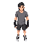 homme, dans un univers post-apo, un joueur de dodgeball donc tshirt, gants, short. cheveux mi-longs