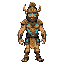 athletic human body with features typical of ancient greek warriors.  ancient bronze armor with fluorescent blue energy circuits running across his torso and arms.  viking-style helmet, golden and runic, with bright cyan eyes that exude divine and technol