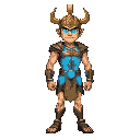 athletic human body with features typical of ancient greek warriors.  ancient bronze armor with fluorescent blue energy circuits running across his torso and arms.  viking-style helmet, golden and runic, with bright cyan eyes that exude divine and technol