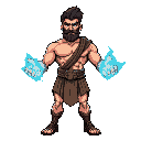 athletic human body with features typical of ancient greek warriors. hands energized with blue plasma, indicating the power contained in his fists.