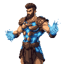 athletic human body with features typical of ancient greek warriors. ancient bronze armor with fluorescent blue energy circuits running across his torso and arms. hands energized with blue plasma, indicating the power contained in his fists. right side vi