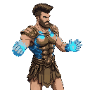 athletic human body with features typical of ancient greek warriors. ancient bronze armor with fluorescent blue energy circuits running across his torso and arms. hands energized with blue plasma, indicating the power contained in his fists. right side vi