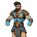 athletic human body with features typical of ancient greek warriors. ancient bronze armor with fluorescent blue energy circuits running across his torso and arms. hands energized with blue plasma, indicating the power contained in his fists. right side vi