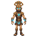 athletic human body with features typical of ancient greek warriors.  ancient bronze armor with fluorescent blue energy circuits running across his torso and arms.  viking-style helmet, golden and runic, with bright cyan eyes that exude divine and technol