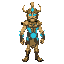 athletic human body with features typical of ancient greek warriors.  ancient bronze armor with fluorescent blue energy circuits running across his torso and arms.  viking-style helmet, golden and runic, with bright cyan eyes that exude divine and technol