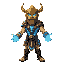 athletic human body with features typical of ancient greek warriors. ancient bronze armor with fluorescent blue energy circuits running across his torso and arms. viking-style helmet, golden and runic, with bright cyan eyes that exude divine and technolog