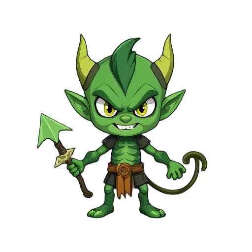 green goblin chibi cartoon style with bold outlines and paper craft textures, layered like cut paper with a handmade feel.