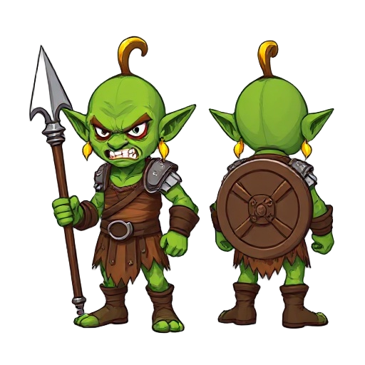 cartoon goblin warrior, green skin, gold earrings, angry expression, holding a spear and round shield, medieval leather armor, front and back views, pixel-style texture, bold outlines