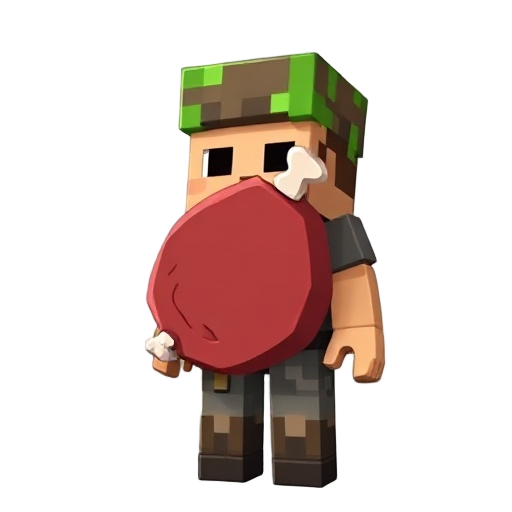 a minecraft villager taking up most of the frame, with a big piece of cartoonish looking meat with two bones sticking out
