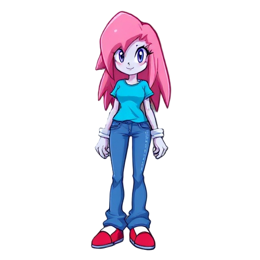 sprite design from game "sonic 3", mobian female with long pink hair, wearing cyan colored t-shirt and blue jeans, skin color is light-light-blue