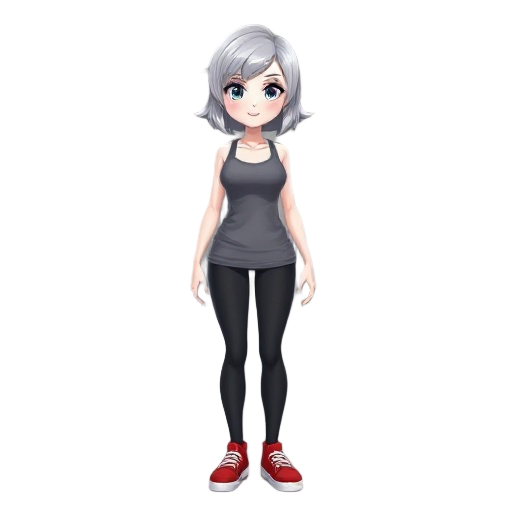 create a female character with white skin and medium grey hair. tank top and black tights with red shoes