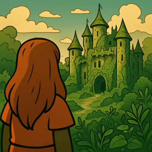 the character's back is turned to the camera, and only his back and long hair are visible in the frame, and opposite him is a kingdom covered with plants and herbs, which are found abandoned but not v