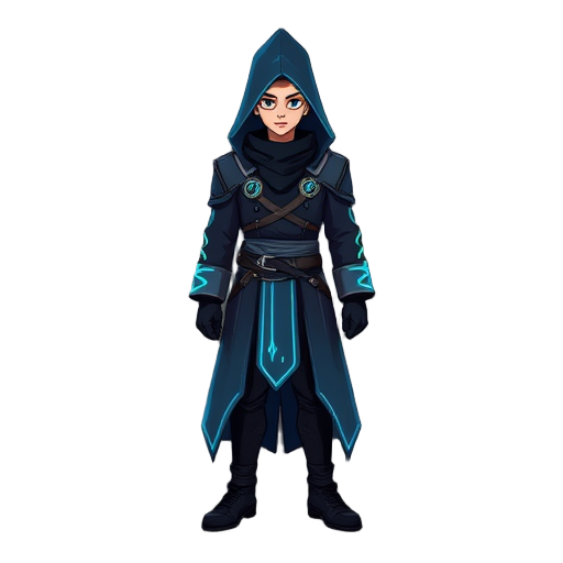 time traveller mage with light blue neon details on dark mage clothing