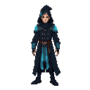 time traveller mage with light blue neon details on dark mage clothing