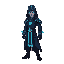 time traveller mage with light blue neon details on dark mage clothing