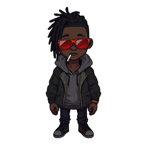 create a 2d character named muqueta: dark-skinned, short dreadlocks, red sunglasses, hoodie under a street jacket, cigarette in mouth, calm and cynical vibe. urban post-apocalyptic style, dark tones, gritty streetwear look.