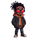 create a 2d character named muqueta: dark-skinned, short dreadlocks, red sunglasses, hoodie under a street jacket, cigarette in mouth, calm and cynical vibe. urban post-apocalyptic style, dark tones, gritty streetwear look.