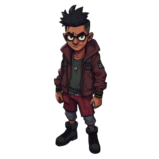 create a 2d character in stylized cartoon/urban art style. the character is named muqueta — he’s one of the protagonists in a dark, surreal, post-apocalyptic world inspired by themes of trauma, addiction, and street life. his look blends gritty realism wi