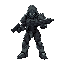 humanoid figure futuristic armored with guncombat pose aggressive stance holding weapon darker accents hooded head clawed hands it has a complex, mechanical design with articulated limbs and a body suit of various metallic tones weapon in two hands