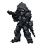 humanoid figure futuristic armored with guncombat pose aggressive stance holding weapon darker accents hooded head clawed hands it has a complex, mechanical design with articulated limbs and body suit various metallic tones aiming rifle directly at viewer