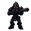 armored soldier aiming rifle directly at viewer, barrel centered. dark metal/black armor, crimson accents, hooded head, glowing red eyes, clawed hands. articulated limbs, mechanical details. aggressive stance, dark sci-fi backdrop