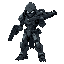 humanoid figure futuristic armored with guncombat pose aggressive stance holding weapon darker accents hooded head clawed hands it has a complex, mechanical design with articulated limbs and a body suit of various metallic tones aligned with the enemy's l