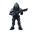 humanoid figure futuristic armored with guncombat pose aggressive stance holding weapon darker accents hooded head clawed hands it has a complex, mechanical design with articulated limbs and a body suit of various metallic tones weapon in two hands weapon