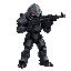 humanoid figure futuristic armored with guncombat pose aggressive stance holding weapon darker accents hooded head clawed hands it has a complex, mechanical design with articulated limbs and body suit various metallic tones aiming rifle directly at viewer