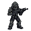 humanoid figure futuristic armored with guncombat pose aggressive stance holding weapon darker accents hooded head clawed hands it has a complex, mechanical design with articulated limbs and body suit various metallic tones aiming rifle directly at viewer