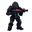 futuristic armored soldier in aggressive stance, aiming advanced rifle directly at viewer. barrel centered, no deviation. dark gunmetal/black armor, crimson accents. hooded head, glowing red eyes, clawed hands. articulated limbs, mechanical details, shoul