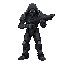 humanoid figure futuristic armored with guncombat pose aggressive stance holding weapon darker accents hooded head clawed hands it has a complex, mechanical design with articulated limbs and a body suit of various metallic tones weapon in two hands